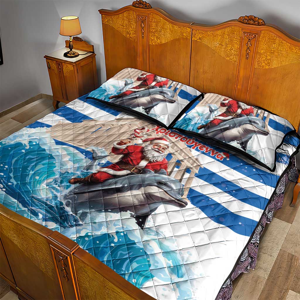 Greece Christmas Quilt Bed Set Santa Claus Riding Dolphin - Wonder Print Shop