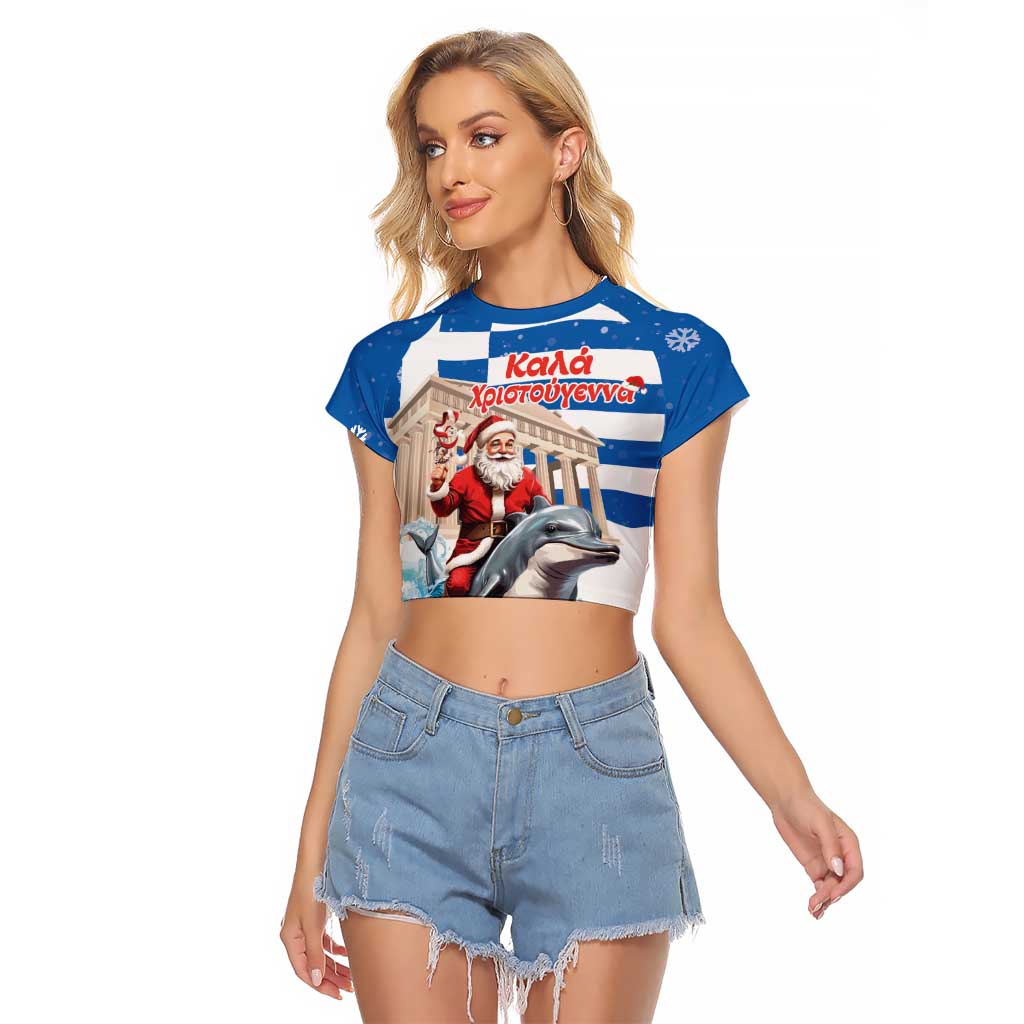 Greece Christmas Raglan Cropped T Shirt Santa Claus Riding Dolphin - Wonder Print Shop