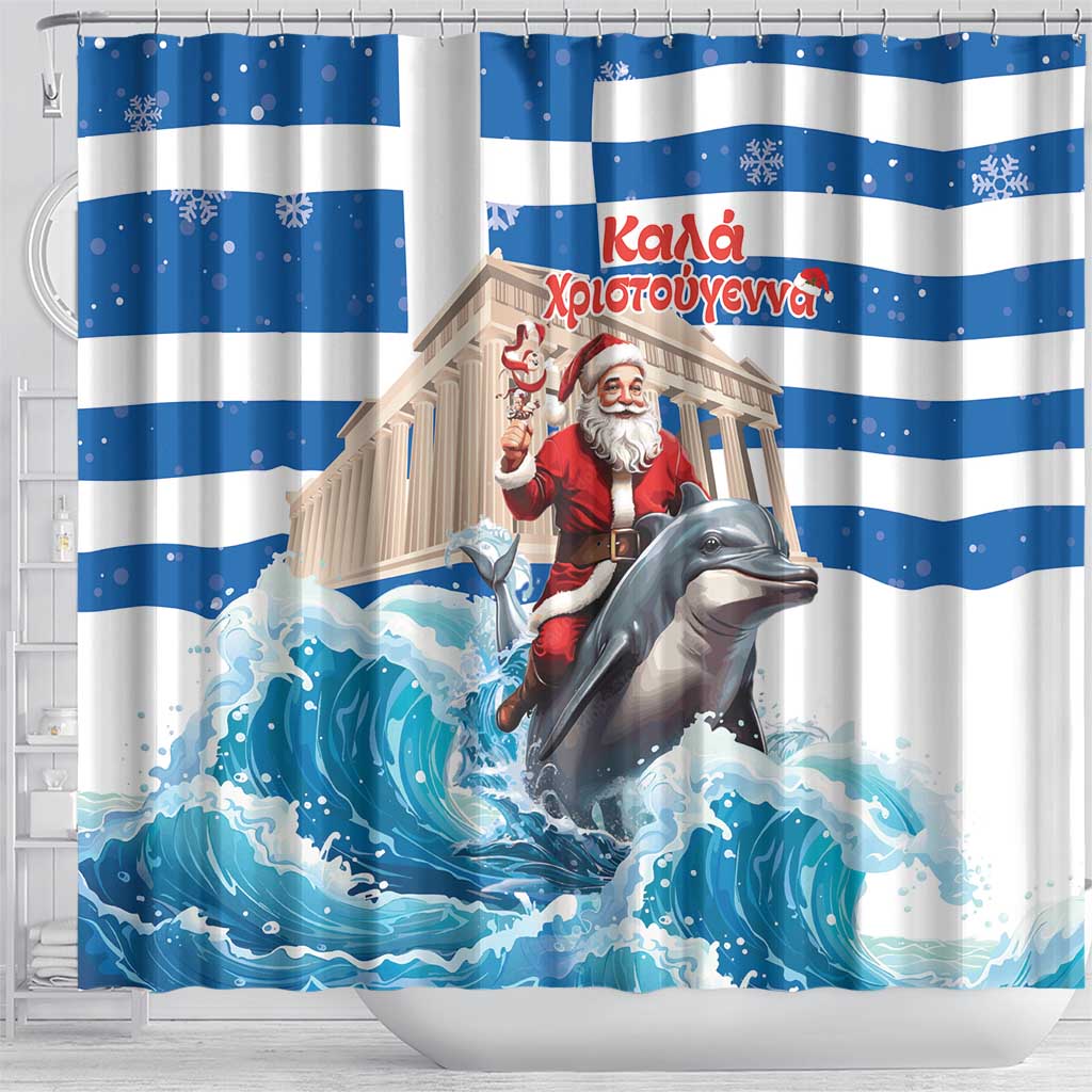 Greece Christmas Shower Curtain Santa Claus Riding Dolphin - Wonder Print Shop