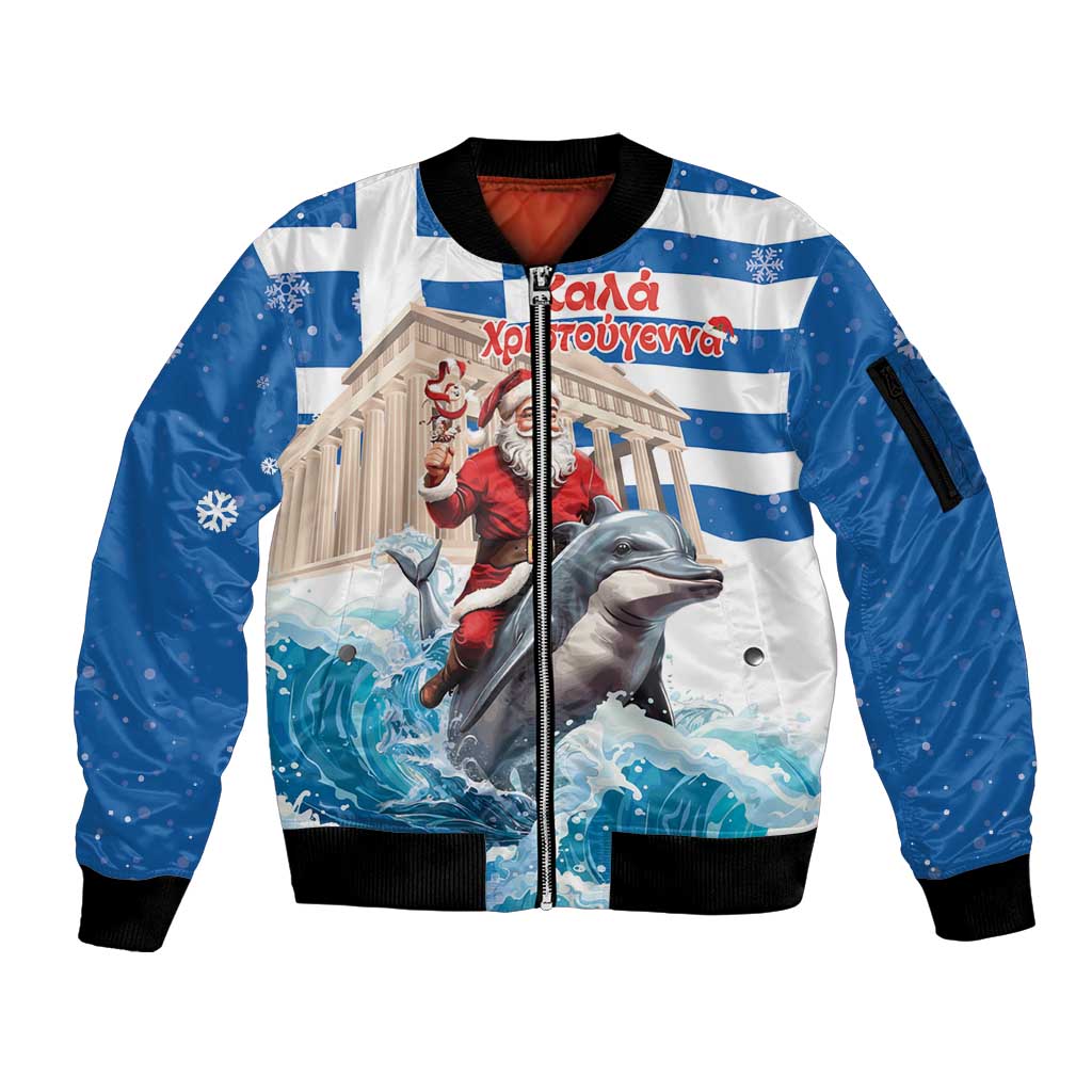Greece Christmas Sleeve Zip Bomber Jacket Santa Claus Riding Dolphin - Wonder Print Shop