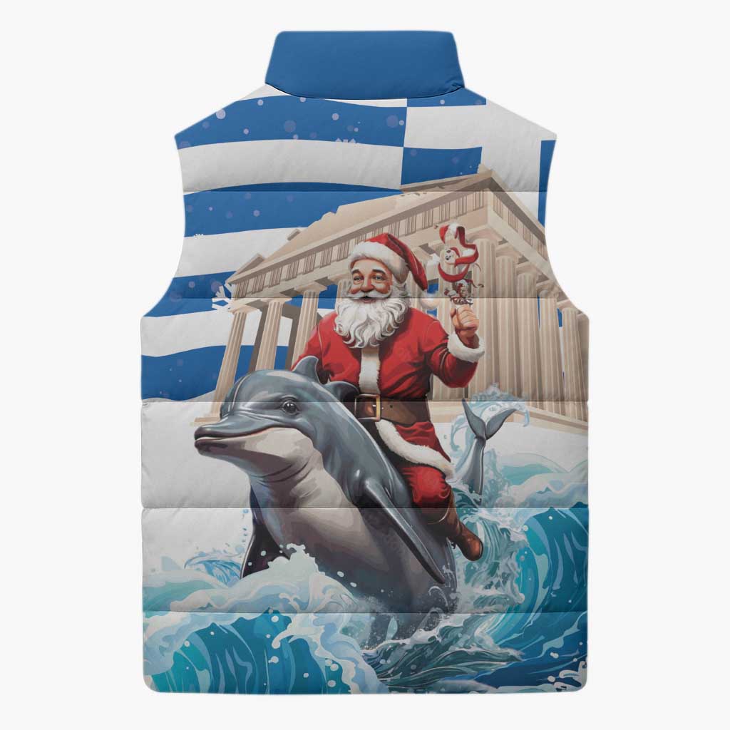 Greece Christmas Sleeveless Puffer Jacket Santa Claus Riding Dolphin - Wonder Print Shop
