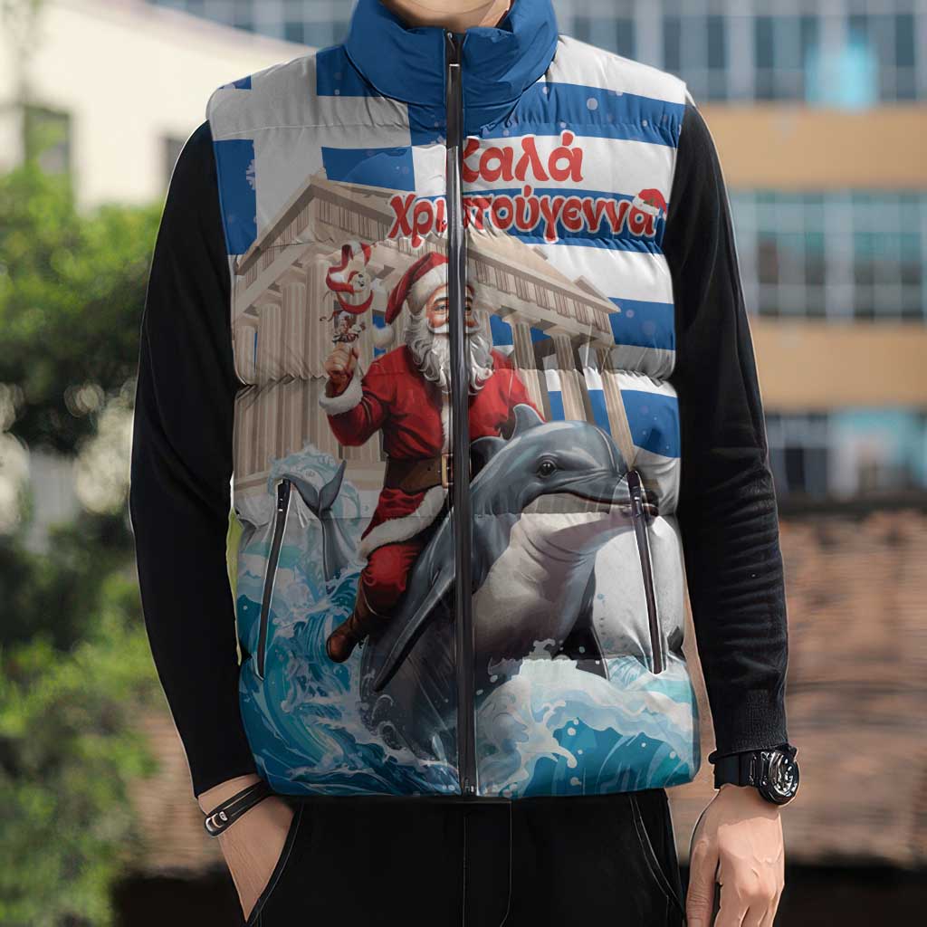 Greece Christmas Sleeveless Puffer Jacket Santa Claus Riding Dolphin - Wonder Print Shop