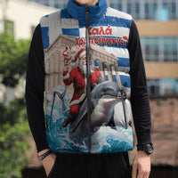 Greece Christmas Sleeveless Puffer Jacket Santa Claus Riding Dolphin - Wonder Print Shop