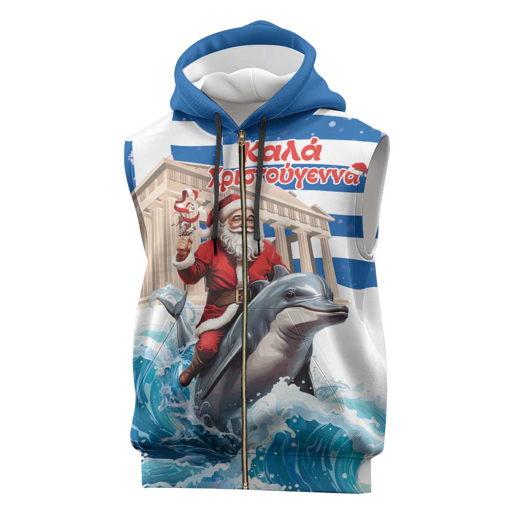 Greece Christmas Sleeveless Zip Hoodie Santa Claus Riding Dolphin - Wonder Print Shop