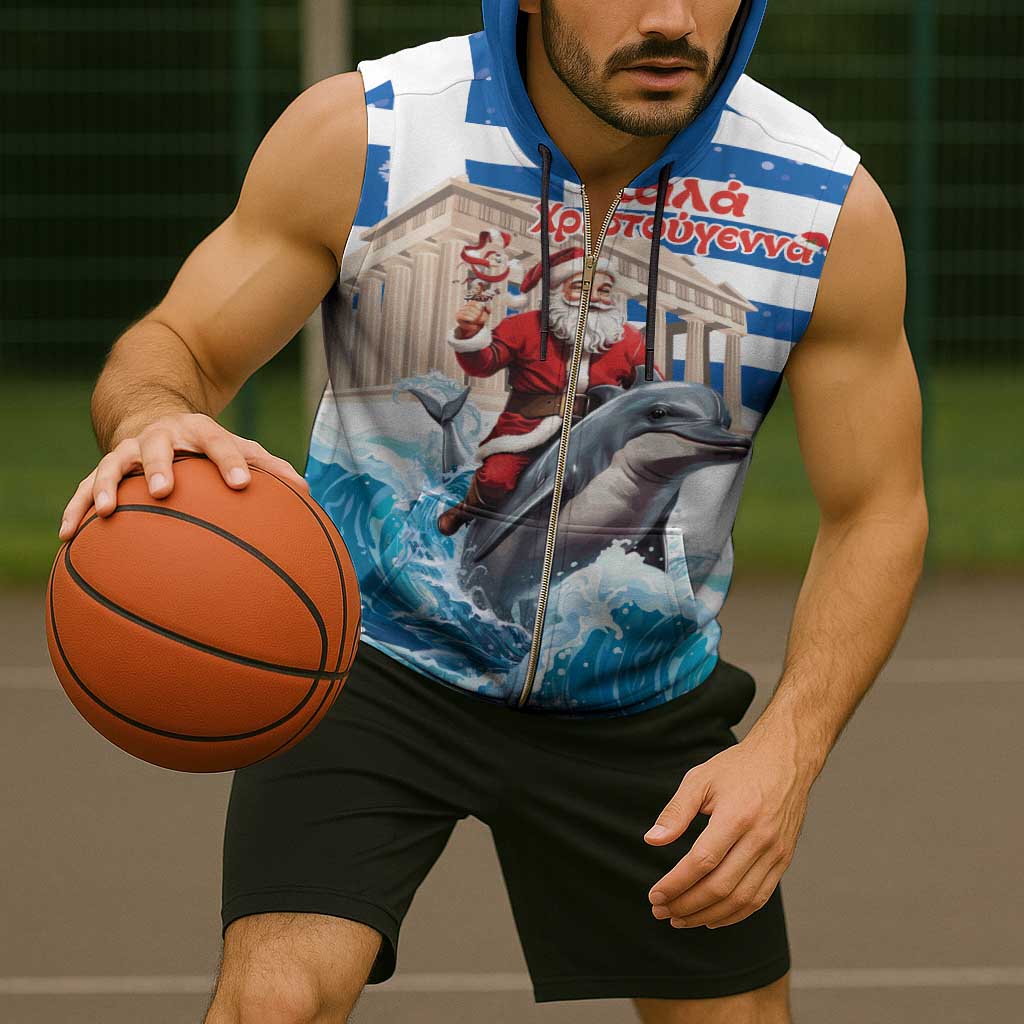Greece Christmas Sleeveless Zip Hoodie Santa Claus Riding Dolphin - Wonder Print Shop