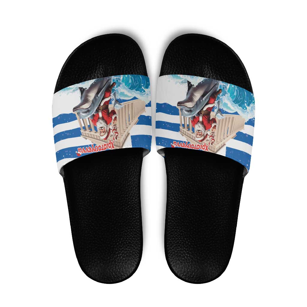 Greece Christmas Slide Sandals Santa Claus Riding Dolphin - Wonder Print Shop