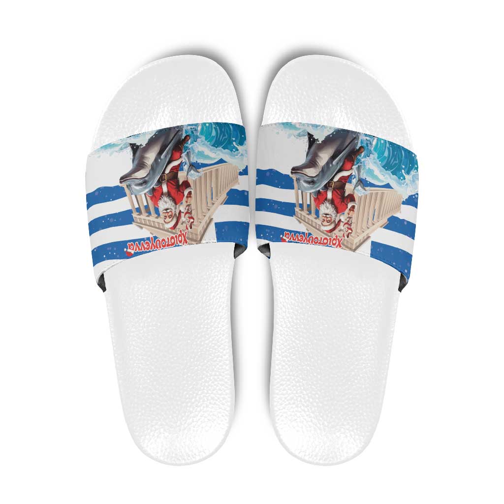 Greece Christmas Slide Sandals Santa Claus Riding Dolphin - Wonder Print Shop