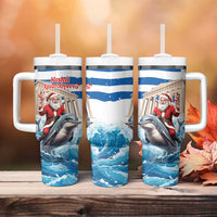 Greece Christmas Tumbler With Handle Santa Claus Riding Dolphin - Wonder Print Shop