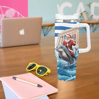 Greece Christmas Tumbler With Handle Santa Claus Riding Dolphin - Wonder Print Shop