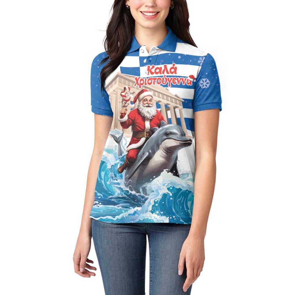 Greece Christmas Women Polo Shirt Santa Claus Riding Dolphin - Wonder Print Shop