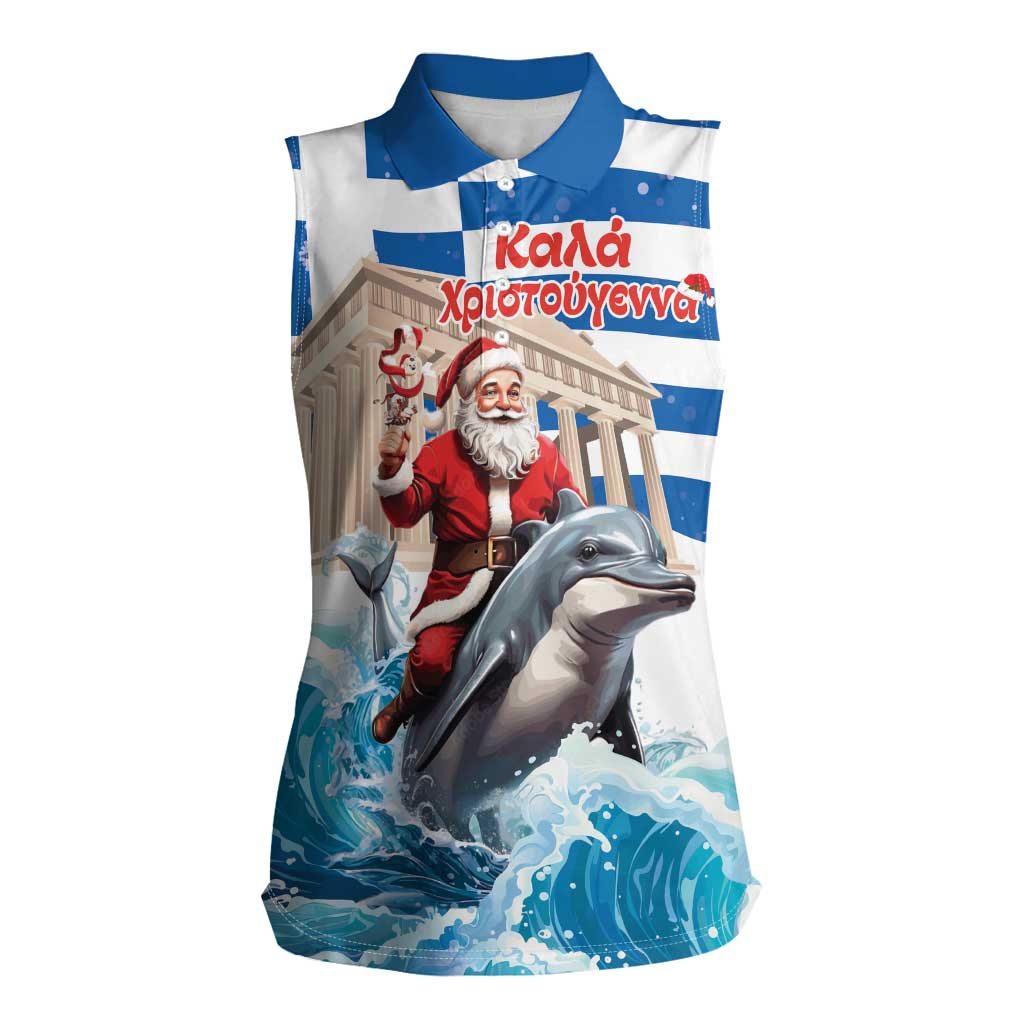 Greece Christmas Women Sleeveless Polo Shirt Santa Claus Riding Dolphin - Wonder Print Shop