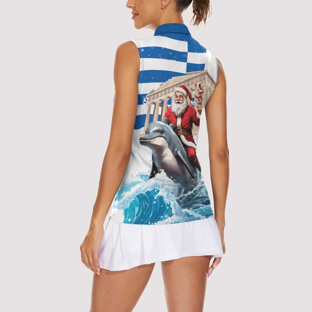 Greece Christmas Women Sleeveless Polo Shirt Santa Claus Riding Dolphin - Wonder Print Shop