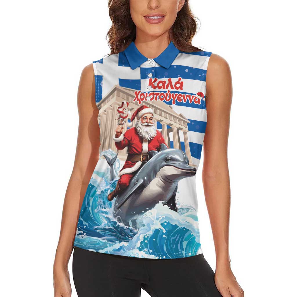 Greece Christmas Women Sleeveless Polo Shirt Santa Claus Riding Dolphin - Wonder Print Shop