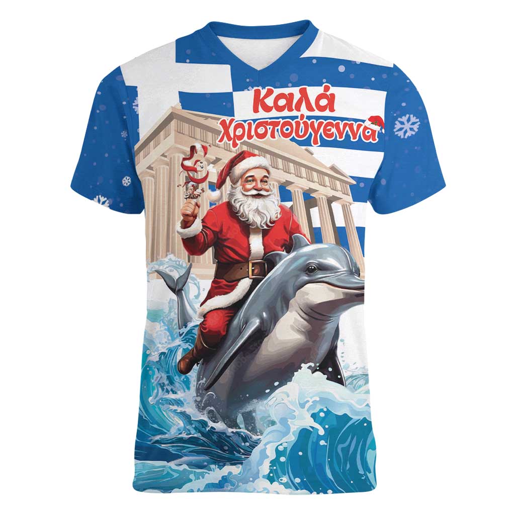 Greece Christmas Women V-Neck T-Shirt Santa Claus Riding Dolphin - Wonder Print Shop