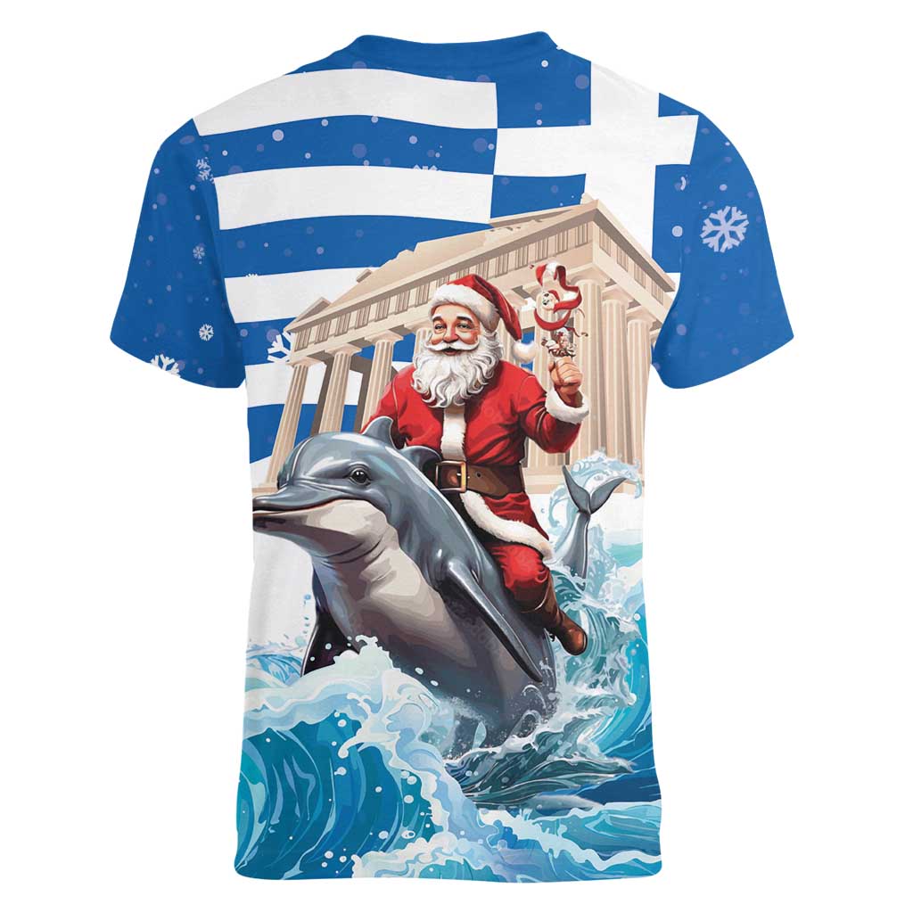 Greece Christmas Women V-Neck T-Shirt Santa Claus Riding Dolphin - Wonder Print Shop