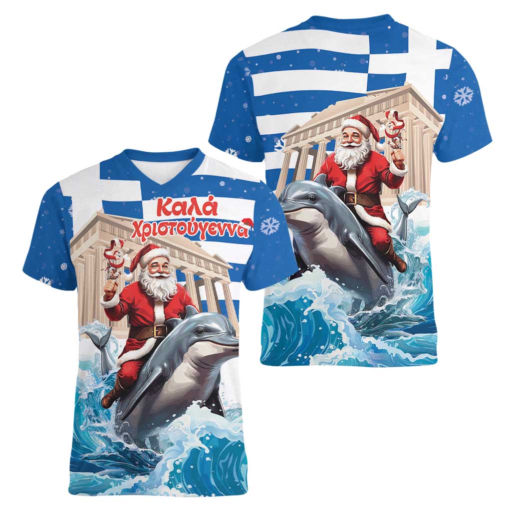 Greece Christmas Women V-Neck T-Shirt Santa Claus Riding Dolphin - Wonder Print Shop