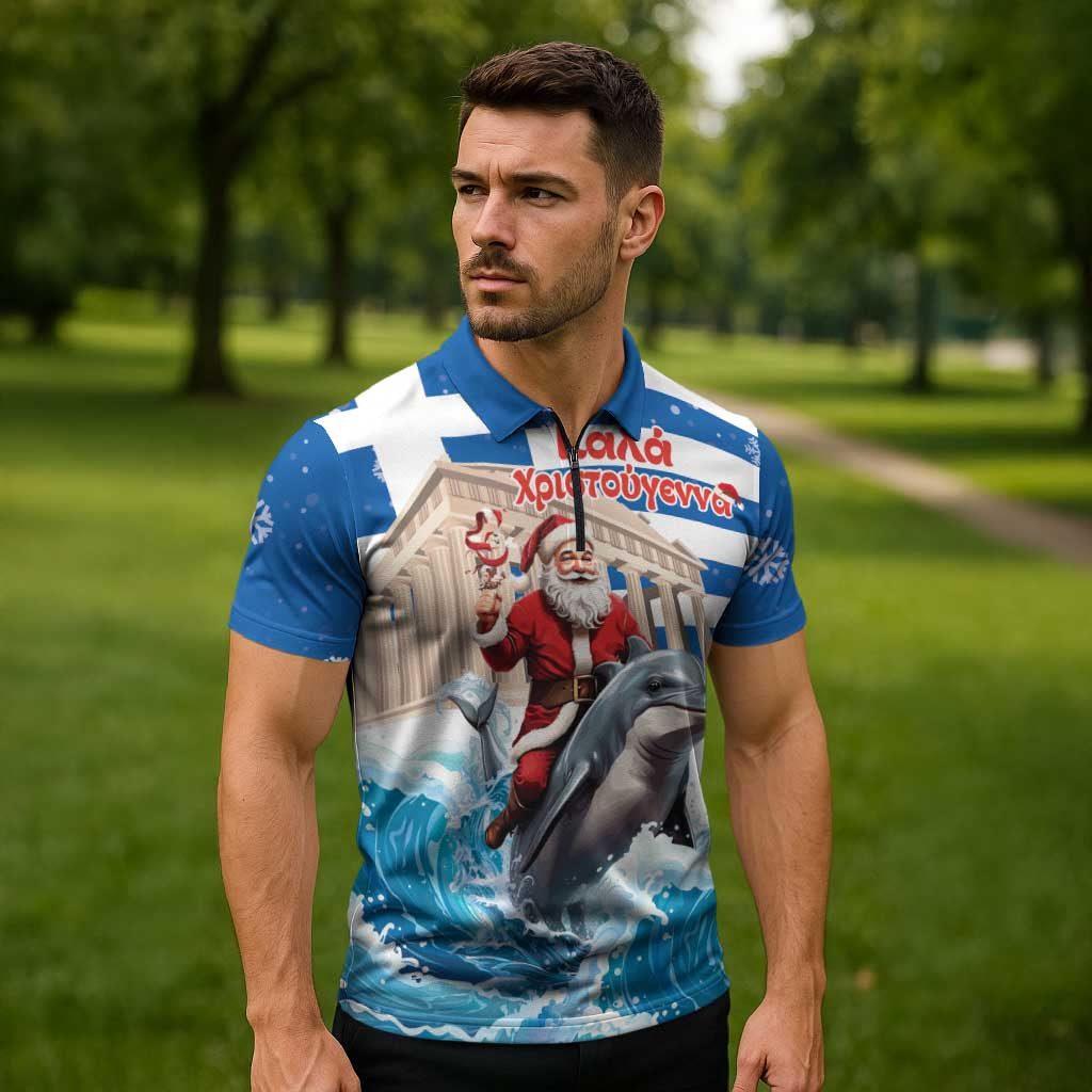 Greece Christmas Zipper Polo Shirt Santa Claus Riding Dolphin - Wonder Print Shop