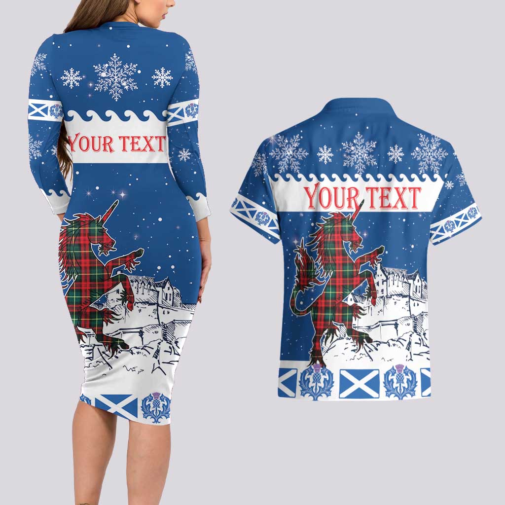 Personalized Scotland Christmas Couples Matching Long Sleeve Bodycon Dress and Hawaiian Shirt Tartan Unicorn with Edinburgh Castle - Wonder Print Shop