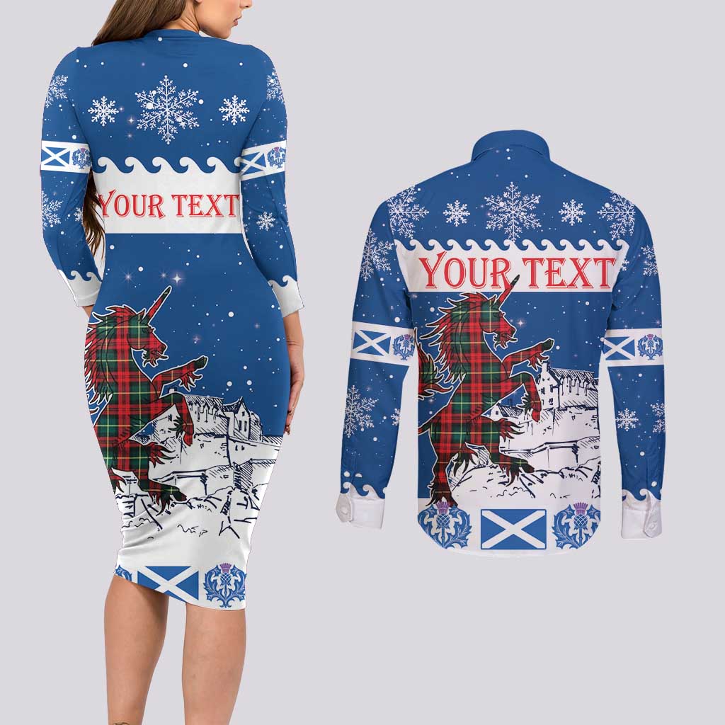 Personalized Scotland Christmas Couples Matching Long Sleeve Bodycon Dress and Long Sleeve Button Shirt Tartan Unicorn with Edinburgh Castle - Wonder Print Shop