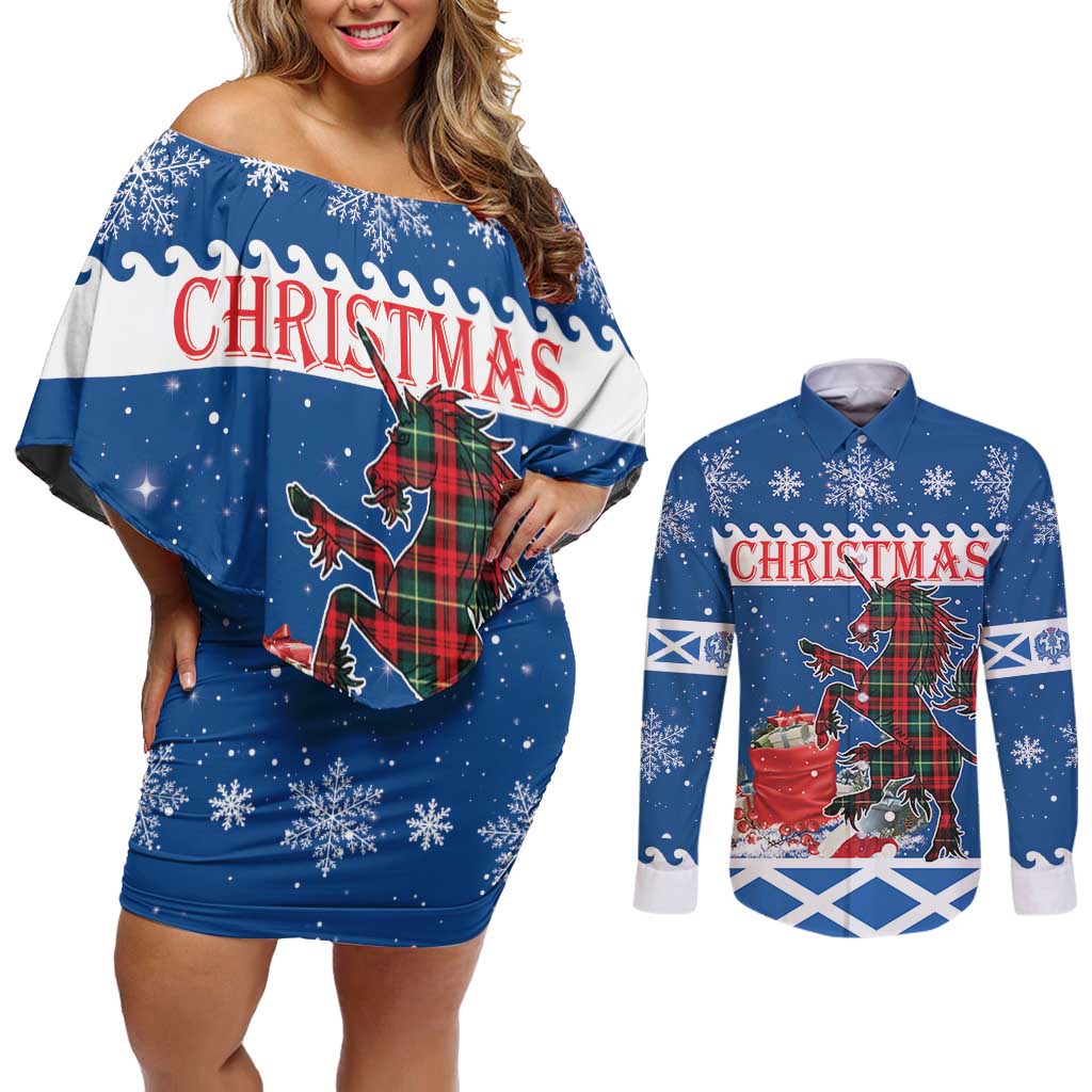 Personalized Scotland Christmas Couples Matching Off Shoulder Short Dress and Long Sleeve Button Shirt Tartan Unicorn with Edinburgh Castle - Wonder Print Shop