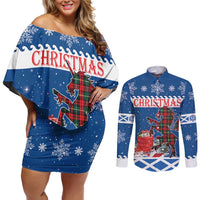 Personalized Scotland Christmas Couples Matching Off Shoulder Short Dress and Long Sleeve Button Shirt Tartan Unicorn with Edinburgh Castle - Wonder Print Shop