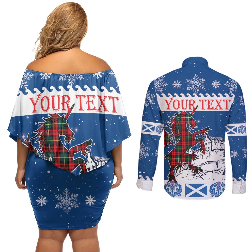 Personalized Scotland Christmas Couples Matching Off Shoulder Short Dress and Long Sleeve Button Shirt Tartan Unicorn with Edinburgh Castle - Wonder Print Shop
