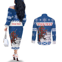 Personalized Scotland Christmas Couples Matching Off The Shoulder Long Sleeve Dress and Long Sleeve Button Shirt Tartan Unicorn with Edinburgh Castle