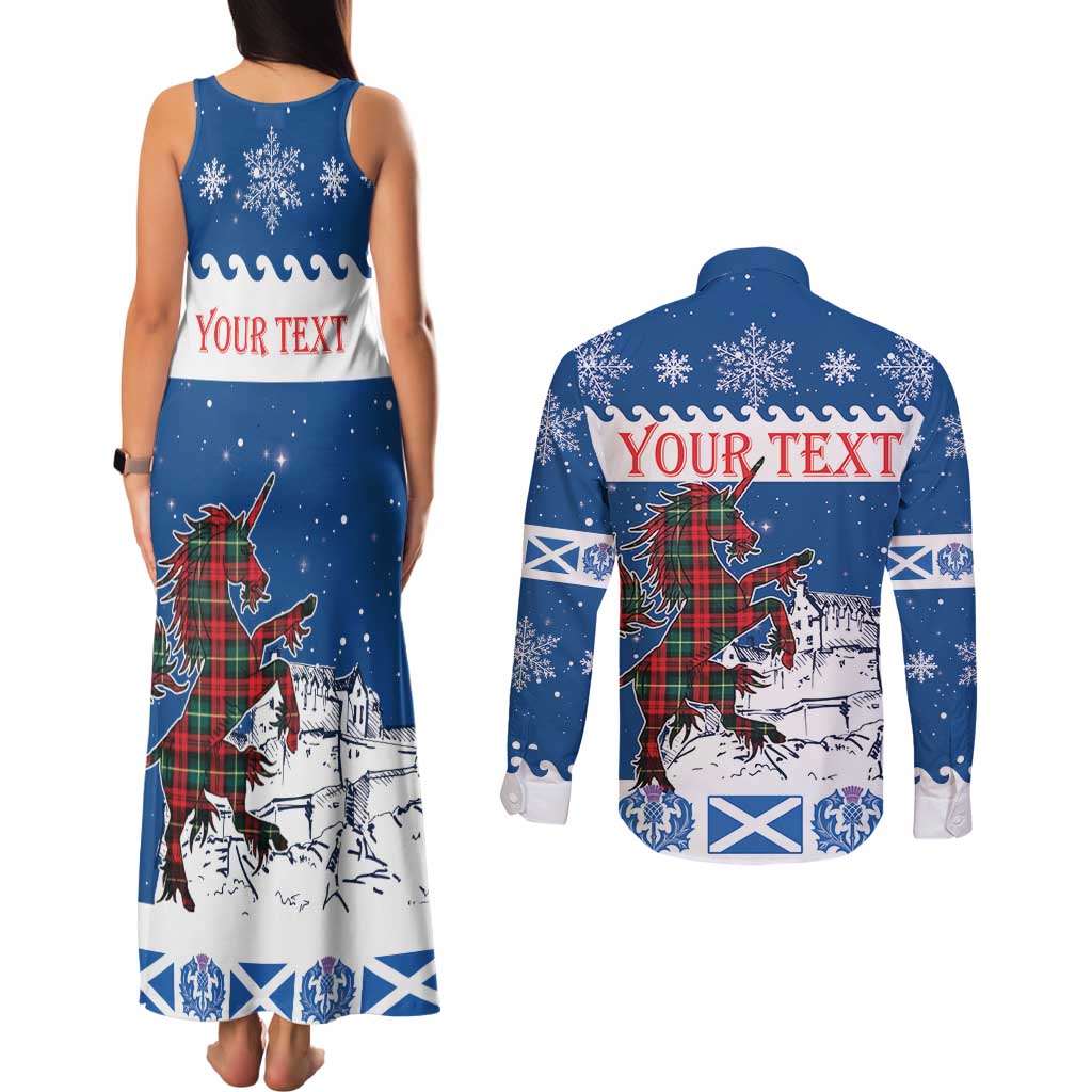 Personalized Scotland Christmas Couples Matching Tank Maxi Dress and Long Sleeve Button Shirt Tartan Unicorn with Edinburgh Castle - Wonder Print Shop