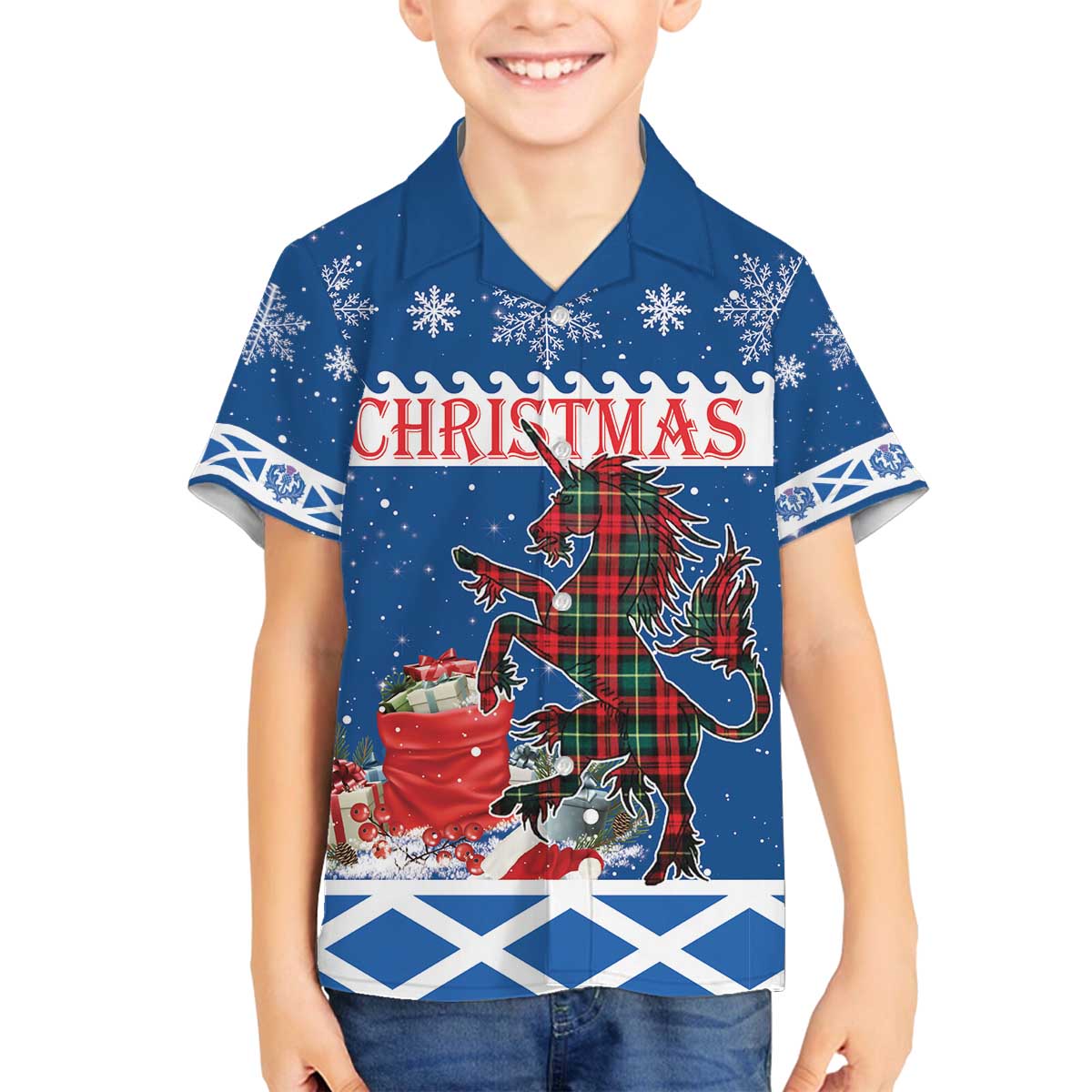 Personalized Scotland Christmas Family Matching Off The Shoulder Long Sleeve Dress and Hawaiian Shirt Tartan Unicorn with Edinburgh Castle - Wonder Print Shop