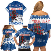 Personalized Scotland Christmas Family Matching Off Shoulder Short Dress and Hawaiian Shirt Tartan Unicorn with Edinburgh Castle - Wonder Print Shop