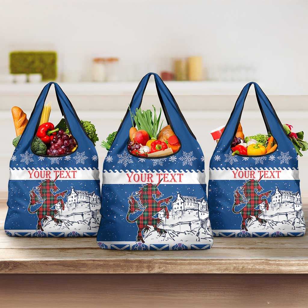 Personalized Scotland Christmas Grocery Bag Tartan Unicorn with Edinburgh Castle