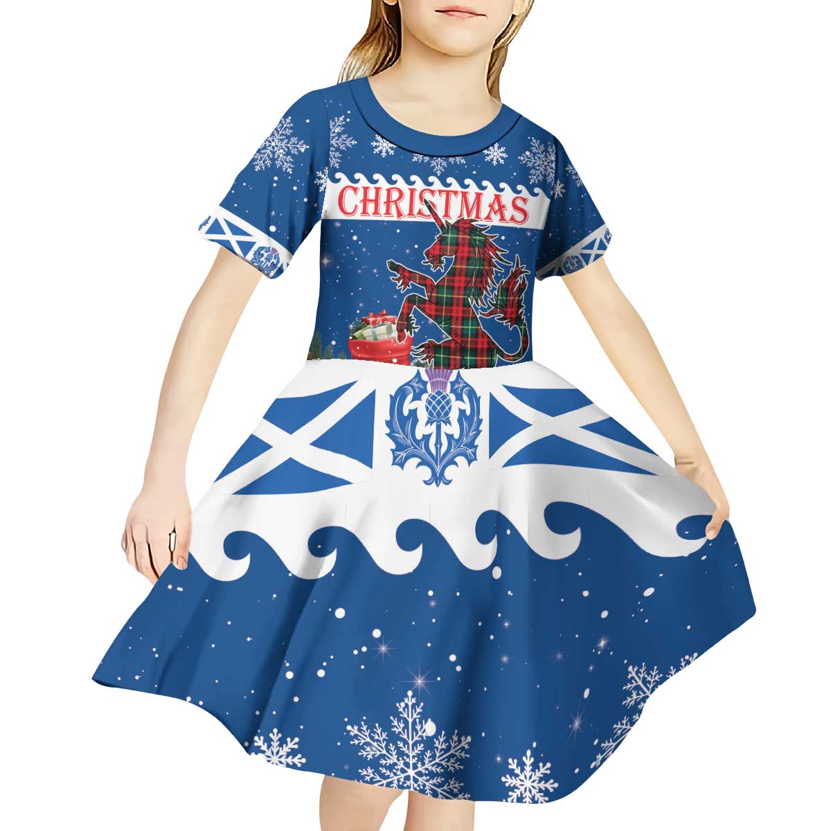 Personalized Scotland Christmas Kid Short Sleeve Dress Tartan Unicorn with Edinburgh Castle - Wonder Print Shop