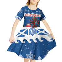 Personalized Scotland Christmas Kid Short Sleeve Dress Tartan Unicorn with Edinburgh Castle - Wonder Print Shop