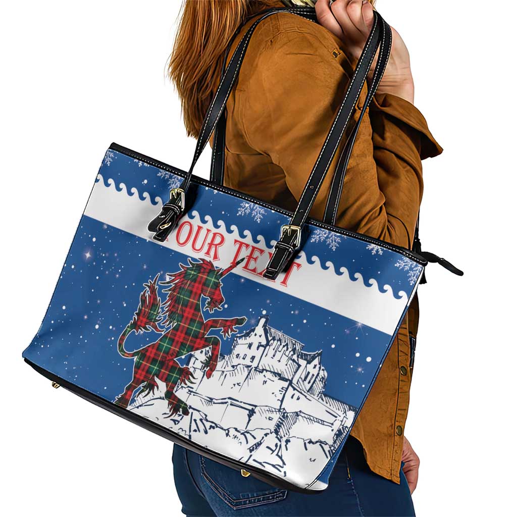 Personalized Scotland Christmas Leather Tote Bag Tartan Unicorn with Edinburgh Castle - Wonder Print Shop