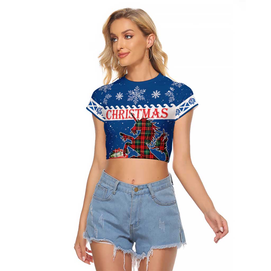 Personalized Scotland Christmas Raglan Cropped T Shirt Tartan Unicorn with Edinburgh Castle - Wonder Print Shop