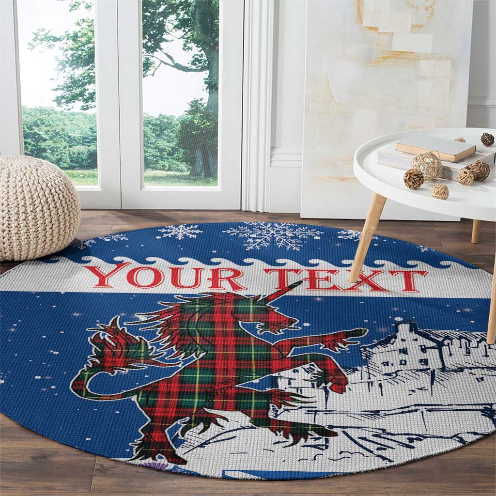 Personalized Scotland Christmas Round Carpet Tartan Unicorn with Edinburgh Castle