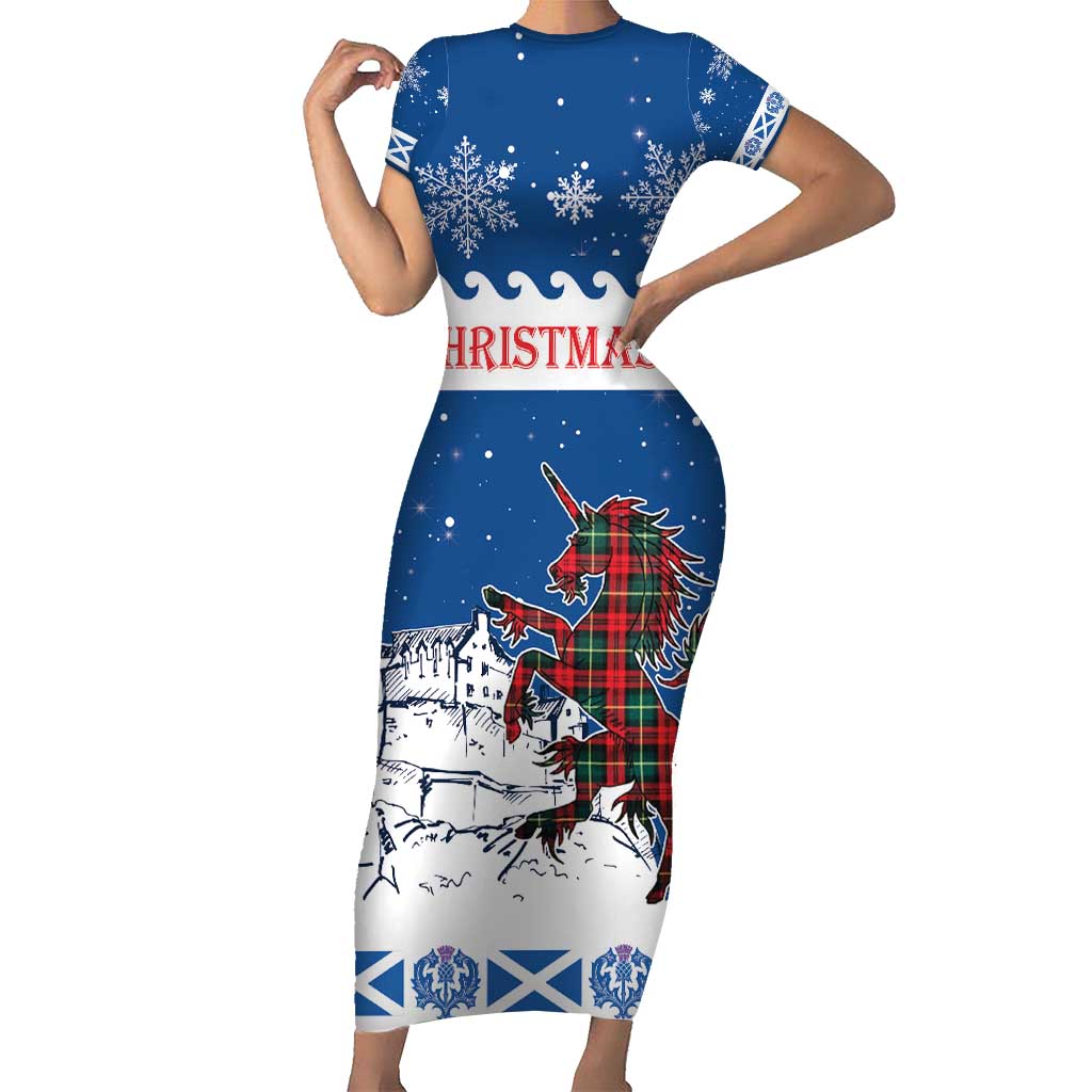 Personalized Scotland Christmas Short Sleeve Bodycon Dress Tartan Unicorn with Edinburgh Castle - Wonder Print Shop