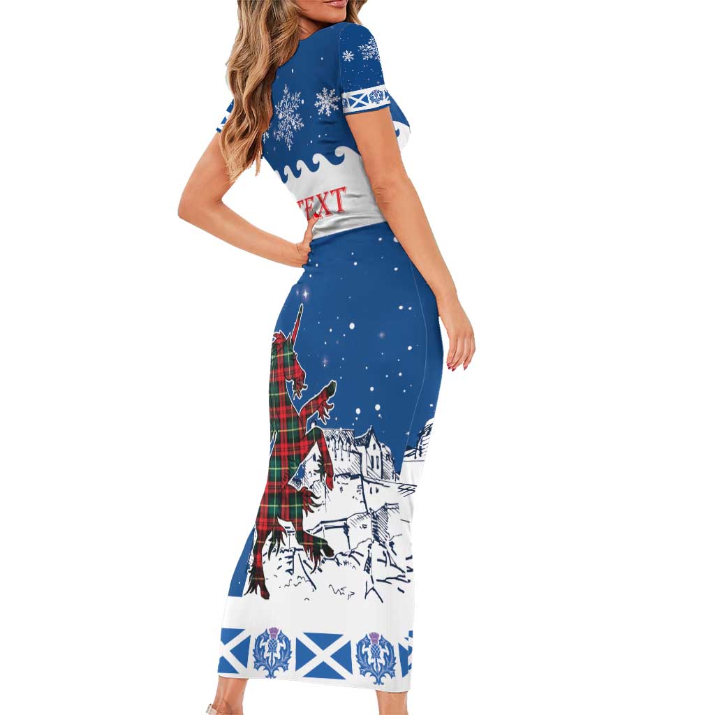 Personalized Scotland Christmas Short Sleeve Bodycon Dress Tartan Unicorn with Edinburgh Castle - Wonder Print Shop