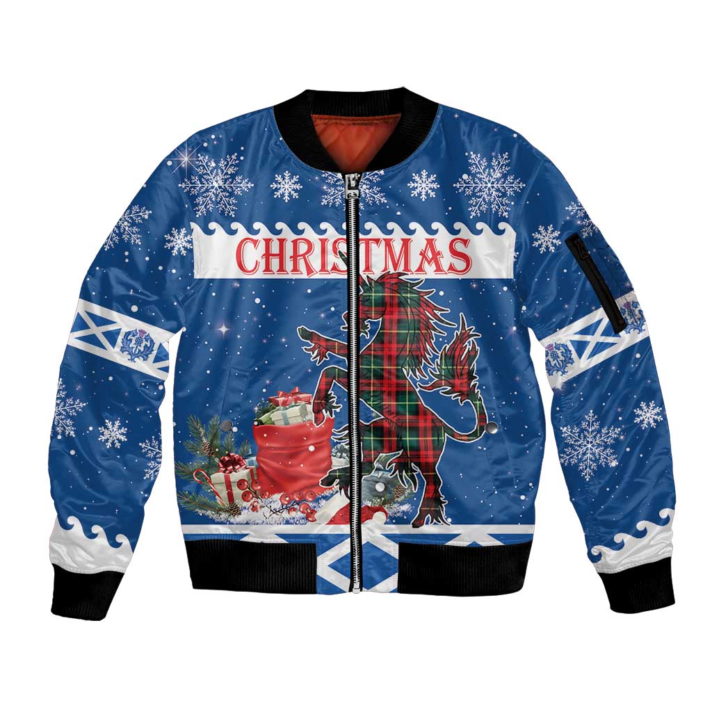 Personalized Scotland Christmas Sleeve Zip Bomber Jacket Tartan Unicorn with Edinburgh Castle - Wonder Print Shop
