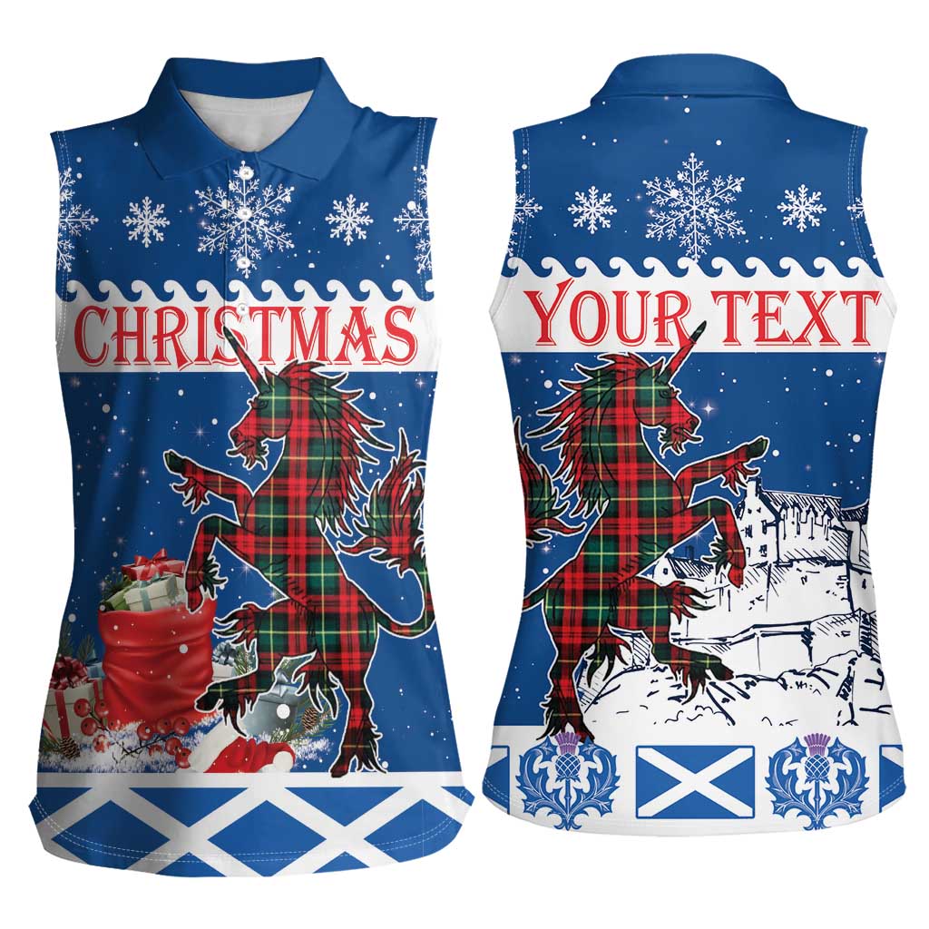 Personalized Scotland Christmas Women Sleeveless Polo Shirt Tartan Unicorn with Edinburgh Castle - Wonder Print Shop