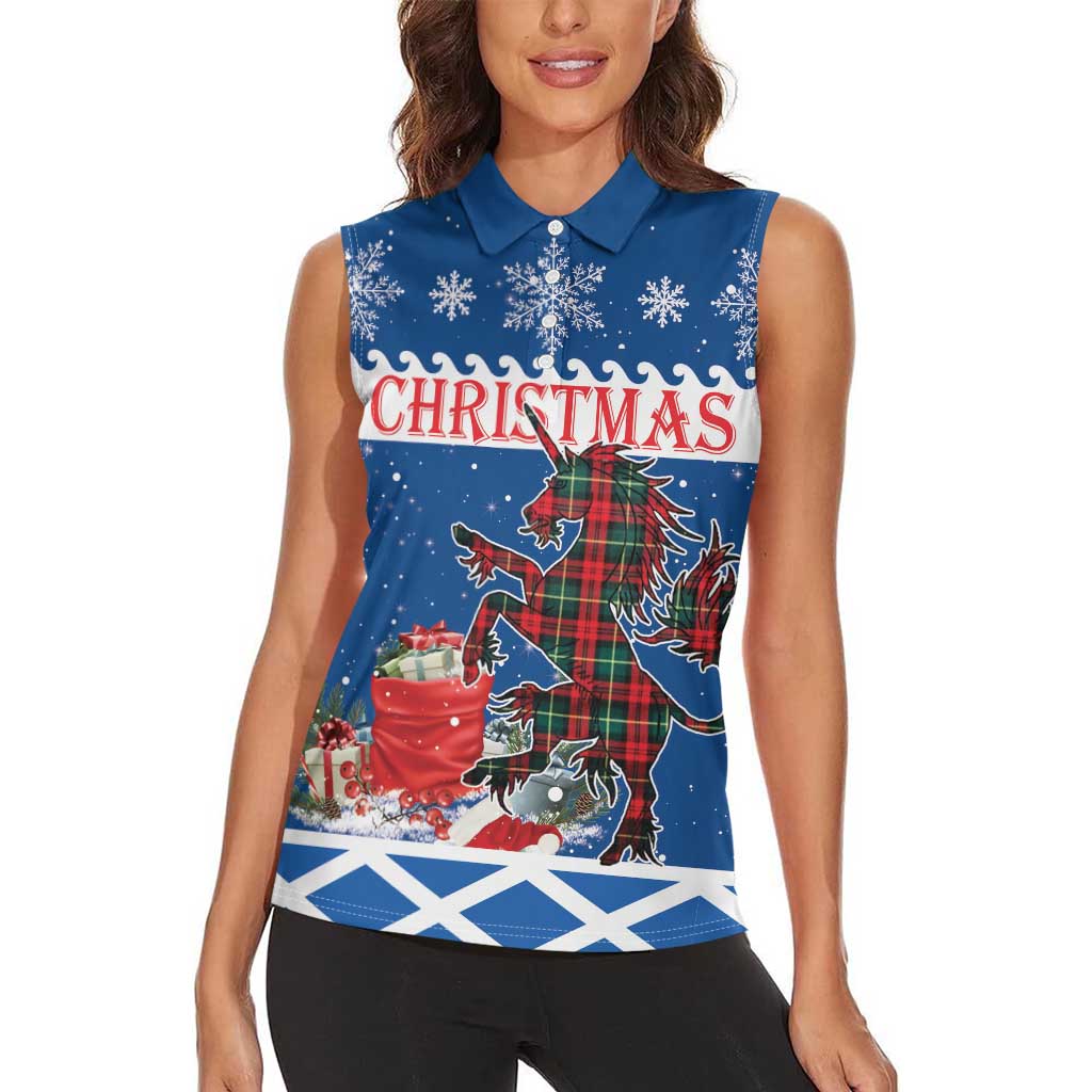 Personalized Scotland Christmas Women Sleeveless Polo Shirt Tartan Unicorn with Edinburgh Castle - Wonder Print Shop
