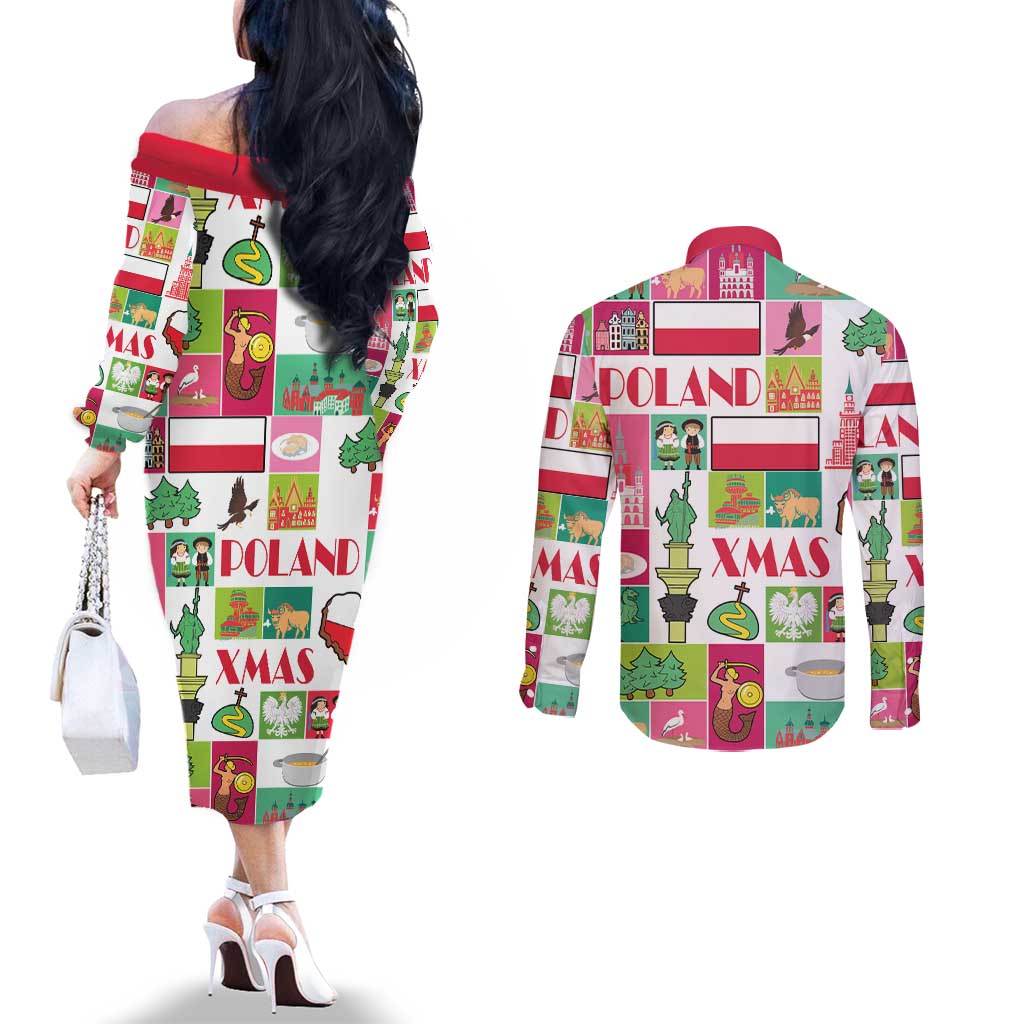 Wesolych Swiat Merry Christmas Polish Couples Matching Off The Shoulder Long Sleeve Dress and Long Sleeve Button Shirt Poland Xmas