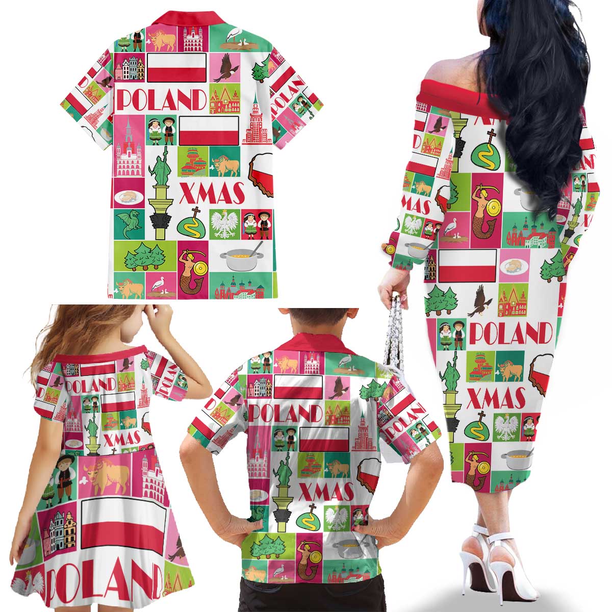 Wesolych Swiat Merry Christmas Polish Family Matching Off The Shoulder Long Sleeve Dress and Hawaiian Shirt Poland Xmas - Wonder Print Shop
