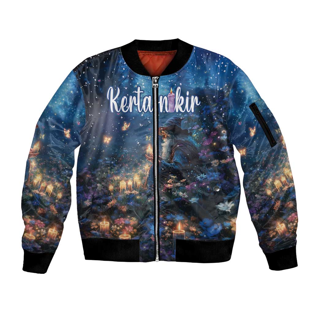 Personalized Iceland Yule Lads Christmas Sleeve Zip Bomber Jacket Merry Kertasnikir Under Vibrant Flowers - Wonder Print Shop