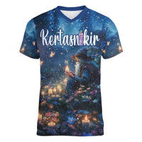 Personalized Iceland Yule Lads Christmas Women V-Neck T-Shirt Merry Kertasnikir Under Vibrant Flowers - Wonder Print Shop