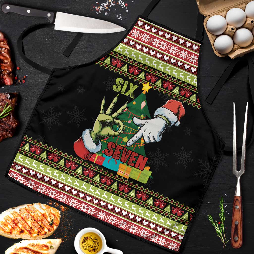 Six Seven Christmas Apron Funny Santa and Green Hands - Wonder Print Shop