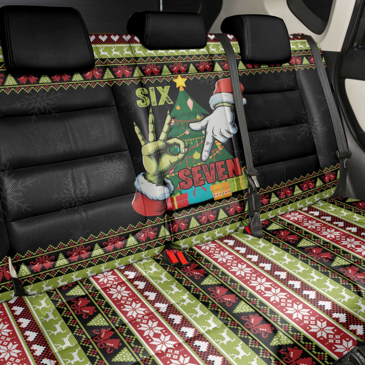 Six Seven Christmas Back Car Seat Cover Funny Santa and Green Hands - Wonder Print Shop