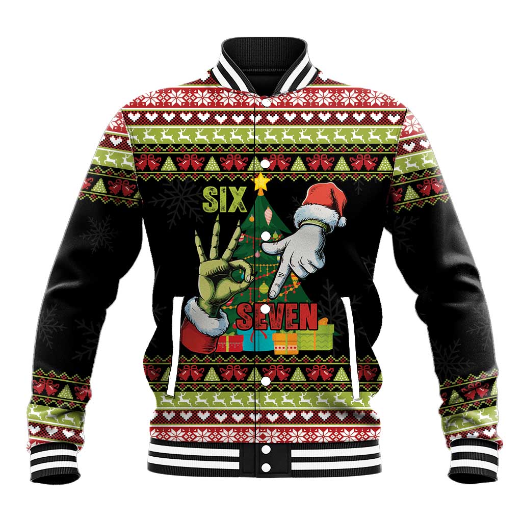 Six Seven Christmas Baseball Jacket Funny Santa and Green Hands - Wonder Print Shop