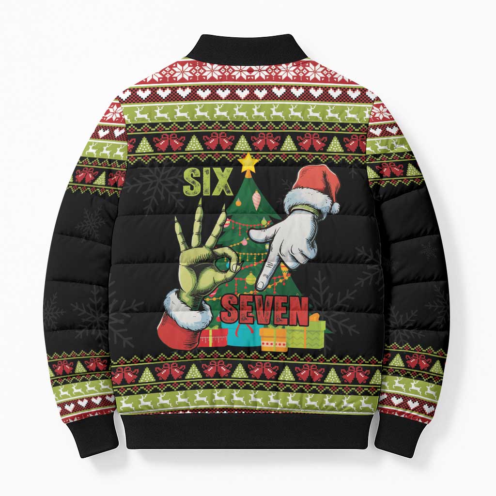 Six Seven Christmas Bomber Puffer Jacket Funny Santa and Green Hands - Wonder Print Shop