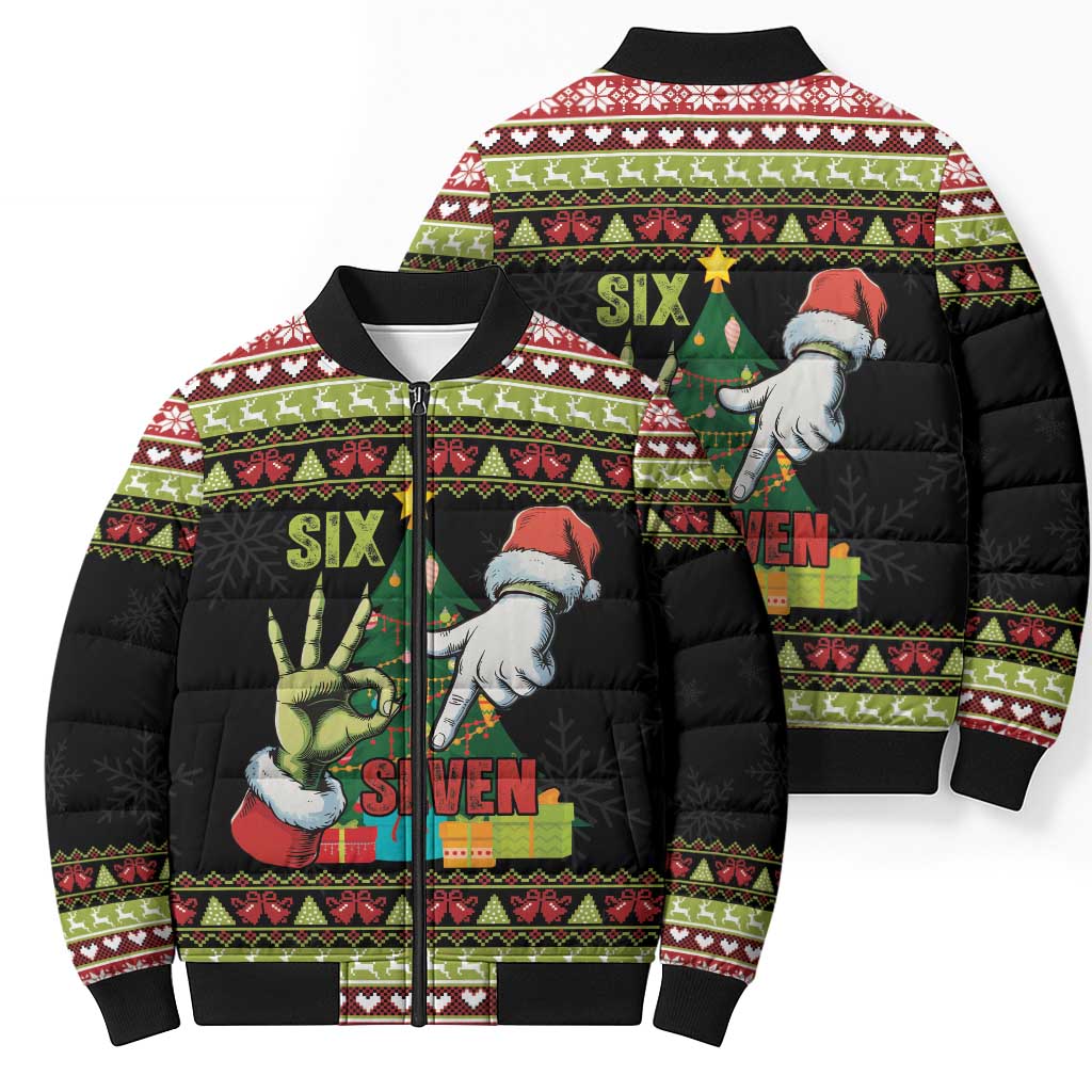 Six Seven Christmas Bomber Puffer Jacket Funny Santa and Green Hands - Wonder Print Shop